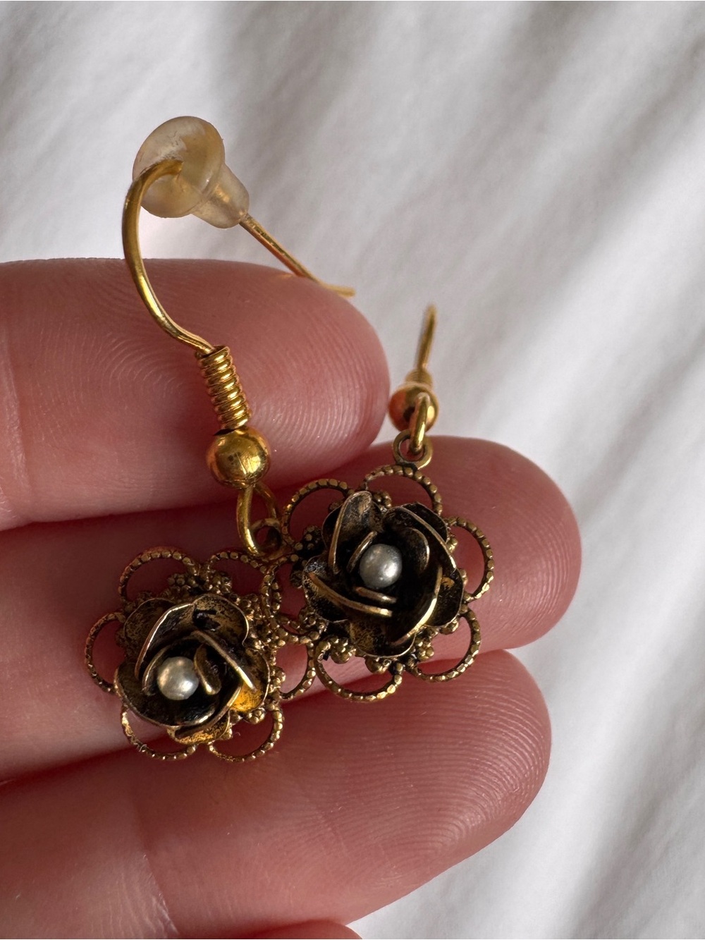 Gold Floral Drop Earrings with Pearl Accent